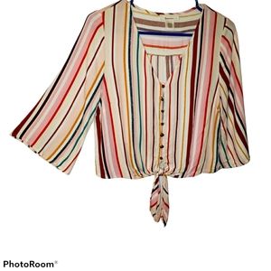 Urban romance small striped front tie button up crop top. 145